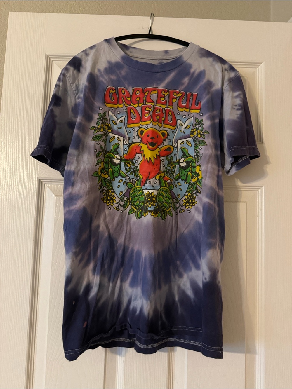 Grateful Dead Tie-Dye Short Sleeve Tee in Blue and White with Red Dancing Bear